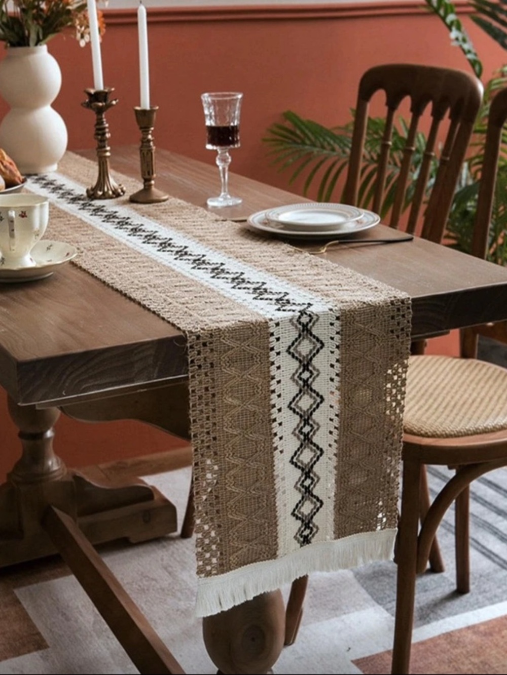 Woven Boho Table Runner in Beige and Cream with Black Detail 56x12